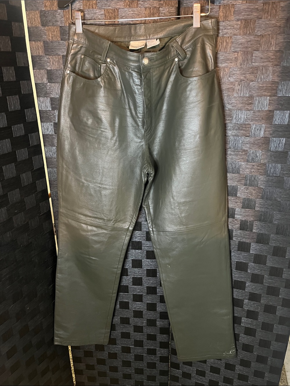 Vintage Olive GreenLeather Wide-Leg Woman Pants